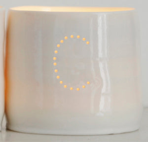 Ceramic candle holder with the letter C. Personalised porcelain tealight holder.